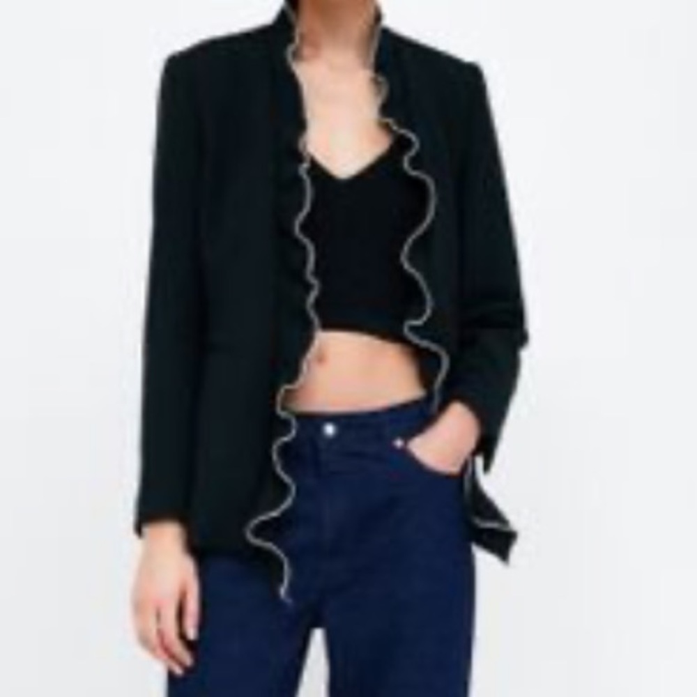 Zara Basic Blazer W/ Ruffle Lapel Collar, Contras… - image 2